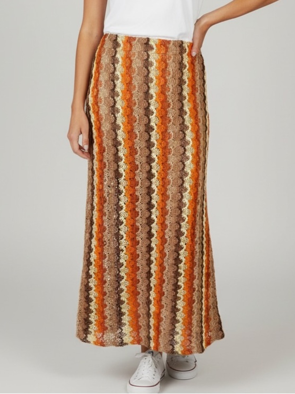 Sweet Rain Crochet Lace Midi - Maxi Skirt M 70s Boho Y2K Striped Earth Tone